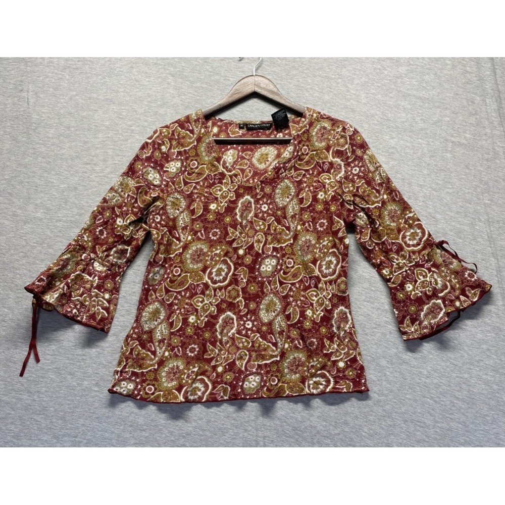 Carlie's Court Blouse Top Womens Medium Multicolor Paisley Cotton Bell Sleeve